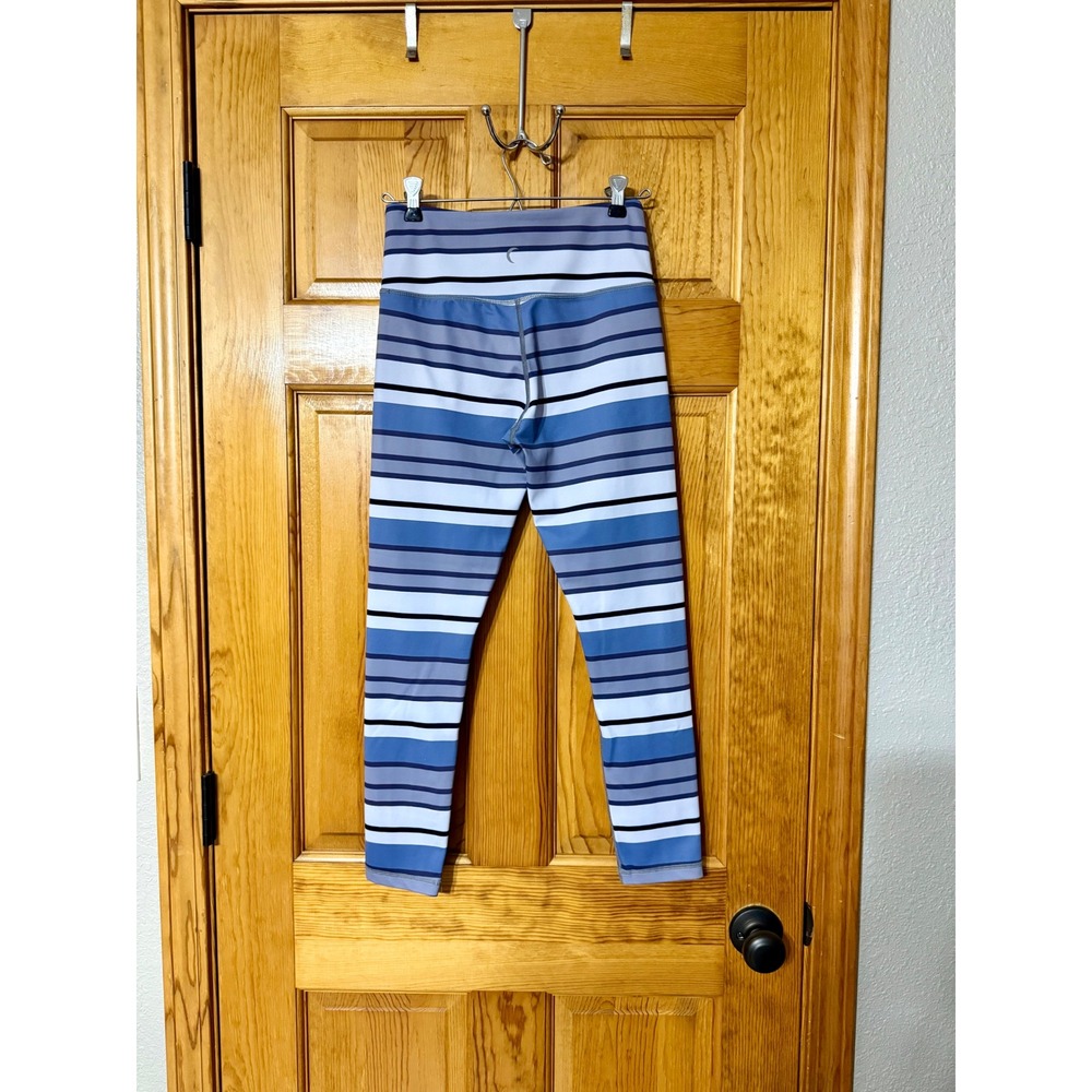 ZYIA Active Striped Light Blue Gray White High Waisted Crop Leggings - Picture 3 of 5